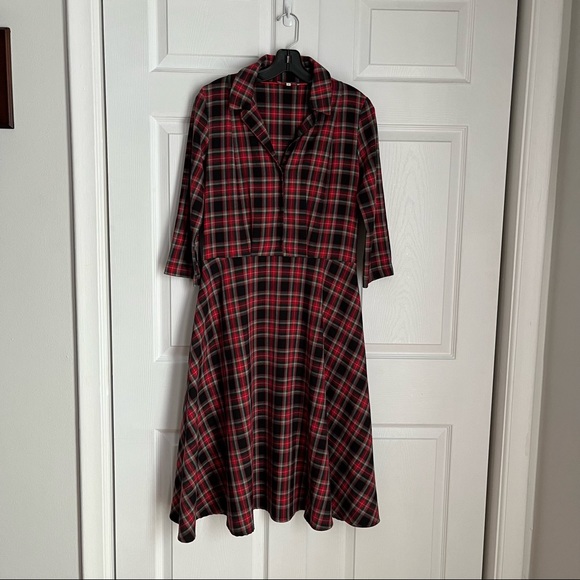 60S RETRO PLAID FIT AND FLARE DRESS - Picture 2 of 15